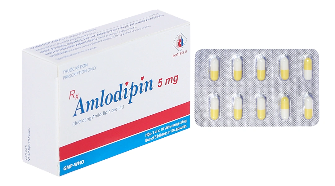 Amlodipin Domesco 5mg trị tăng huyết áp, đau thắt ngực (3 vỉ x 10 viên) - 