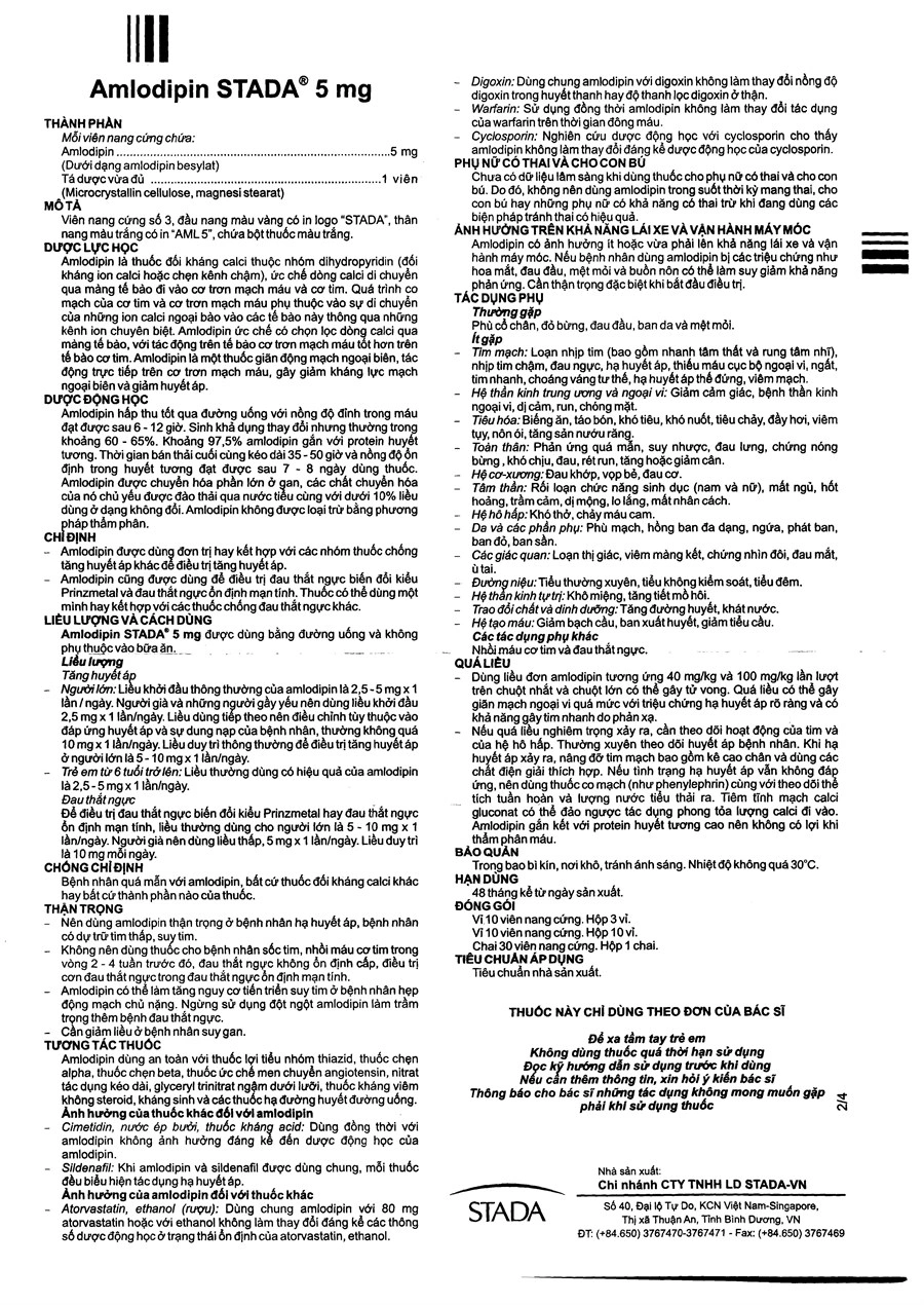 Amlodipin Stada 5mg trị tăng huyết áp, đau thắt ngực (3 vỉ x 10 viên) - 3
