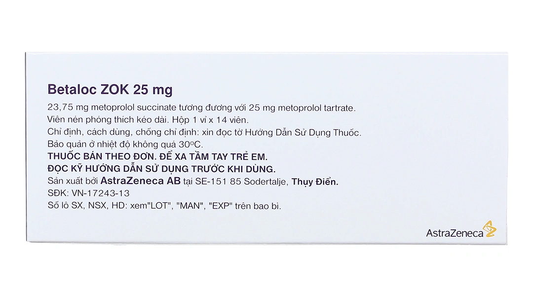 Betaloc ZOK 25mg trị tăng huyết áp, đau thắt ngực (1 vỉ x 14 viên) - 1