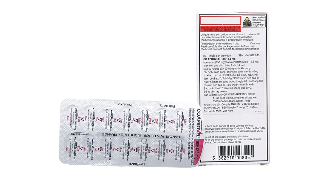 CoAprovel 150/12.5mg sử dụng phối hợp trong trị tăng huyết áp (2 vỉ x 14 viên) - 1