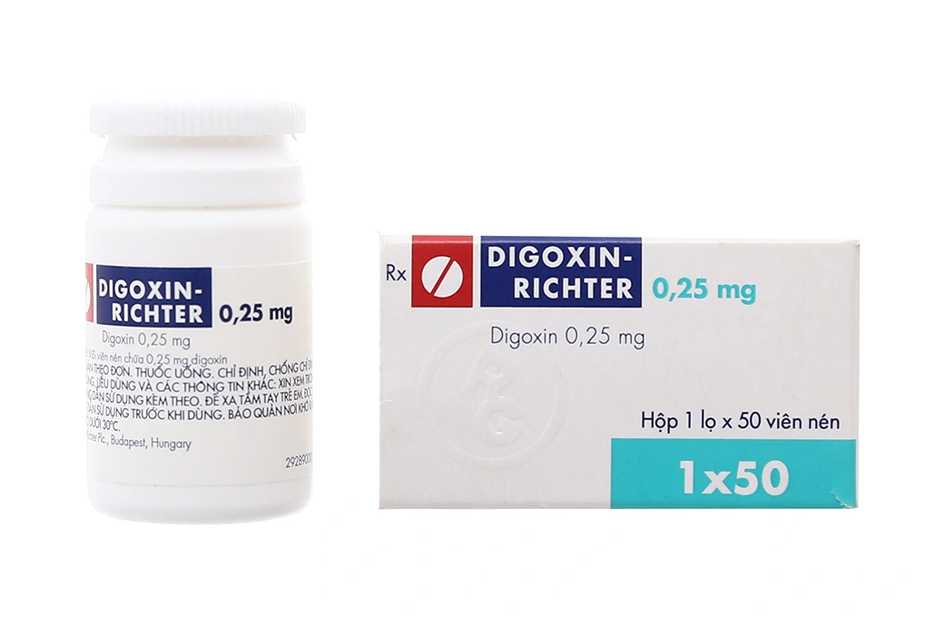 Digoxin-Richter 0.25mg trị suy tim, loạn nhịp chai 50 viên - 