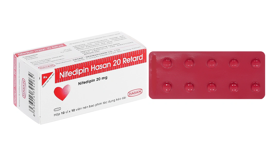 Nifedipin Hasan 20 Retard trị tăng huyết áp, đau thắt ngực (10 vỉ x 10 viên) - 