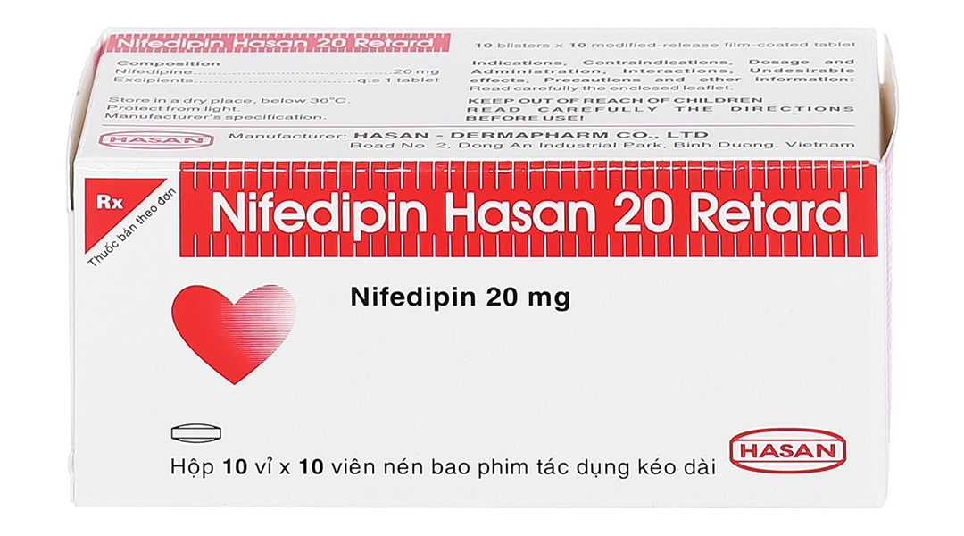 Nifedipin Hasan 20 Retard trị tăng huyết áp, đau thắt ngực (10 vỉ x 10 viên) - 1