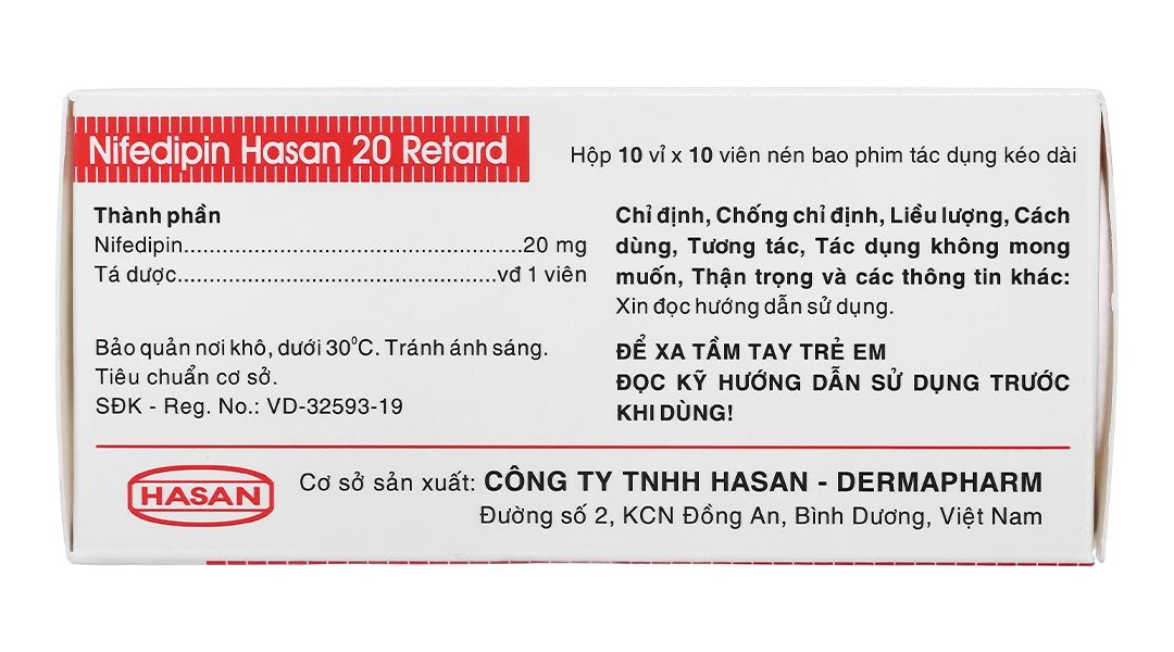 Nifedipin Hasan 20 Retard trị tăng huyết áp, đau thắt ngực (10 vỉ x 10 viên) - 3