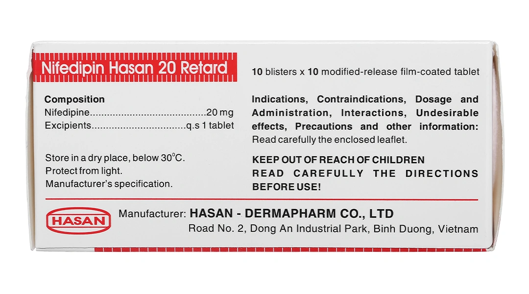 Nifedipin Hasan 20 Retard trị tăng huyết áp, đau thắt ngực (10 vỉ x 10 viên) - 4