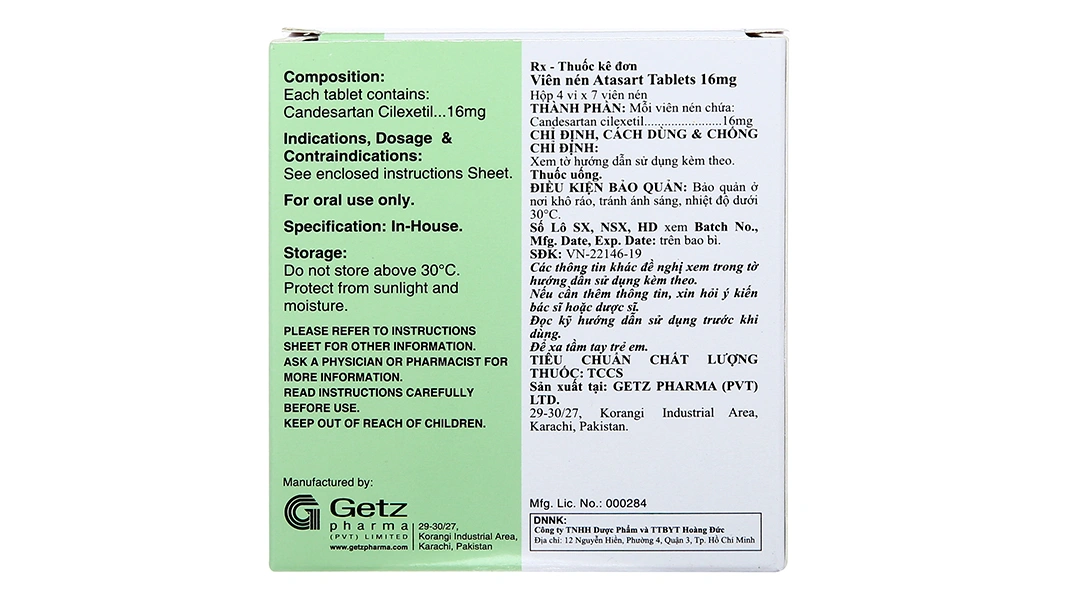 Atasart Tablets 16mg trị tăng huyết áp (4 vỉ x 7 viên) - 2