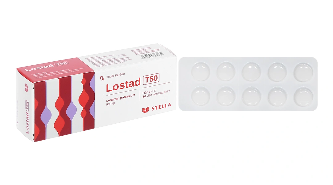 Lostad T50 trị tăng huyết áp, suy tim, nhồi máu cơ tim (3 vỉ x 10 viên) - 