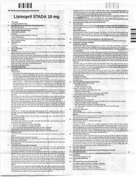 Lisinopril Stella 10mg trị tăng huyết áp, suy tim (10 vỉ x 10 viên) - 5