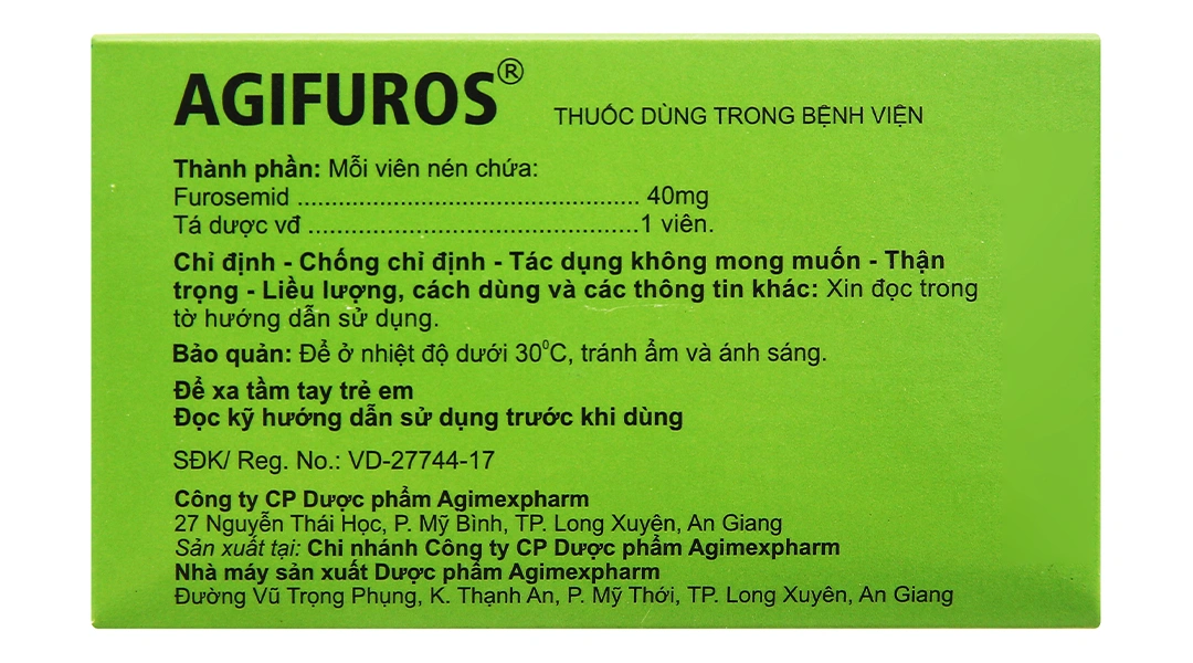 Agifuros 40mg trị tăng huyết áp, tăng canxi huyết, trị phù (10 vỉ x 25 viên) - 1