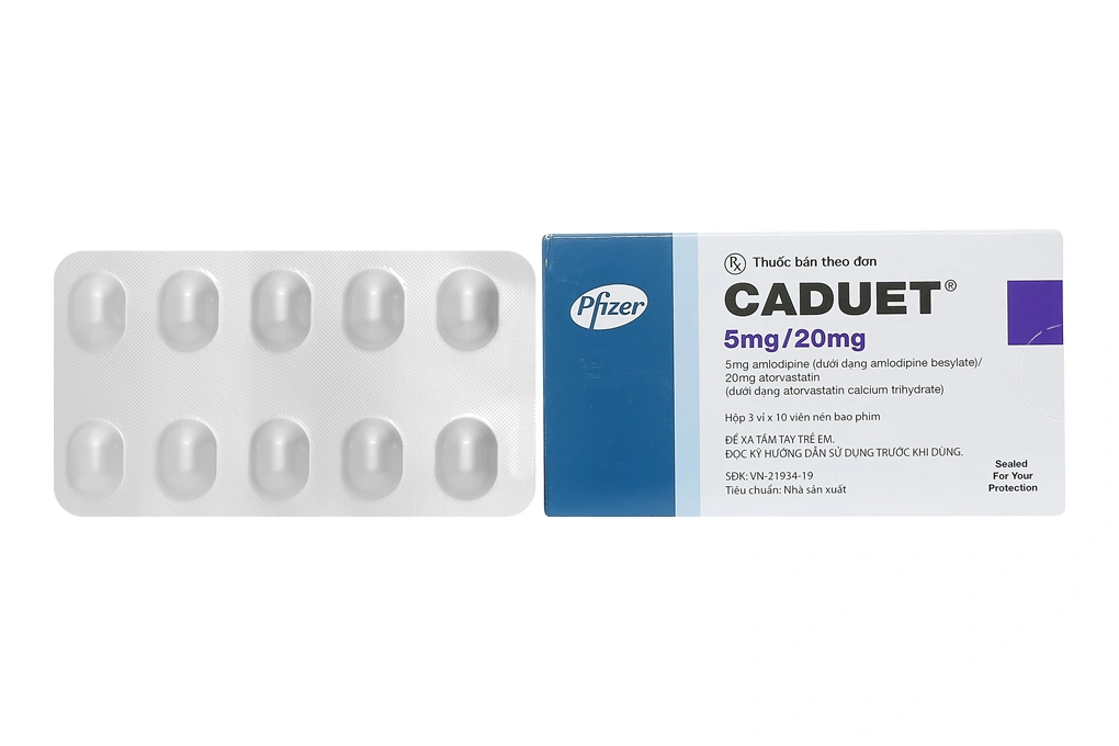 Caduet 5mg/20mg trị tăng huyết áp, rối loạn mỡ máu (3 vỉ x 10 viên) - 