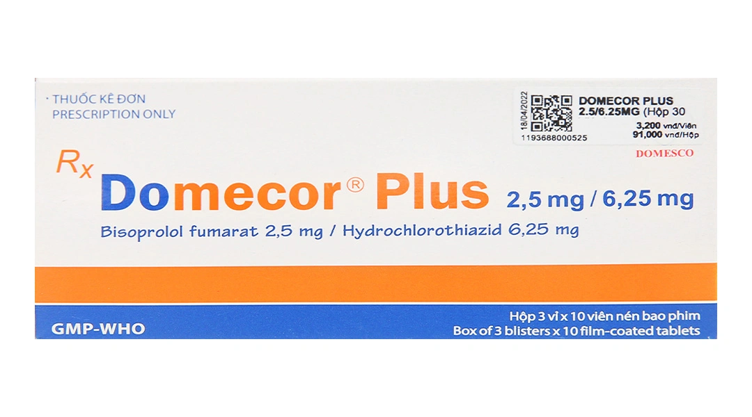 Domecor Plus 2.5mg/6.25mg trị tăng huyết áp từ nhẹ đến trung bình (3 vỉ x 10 viên) - 1
