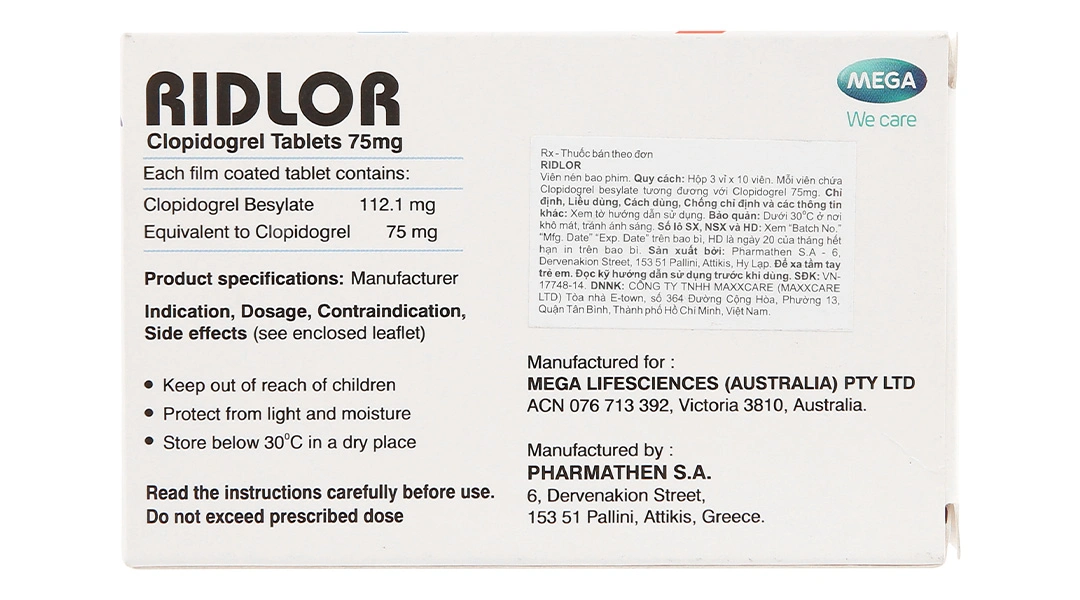 Ridlor 75mg thuốc trị rối loạn nghẽn mạch máu (3 vỉ x 10 viên) - 2
