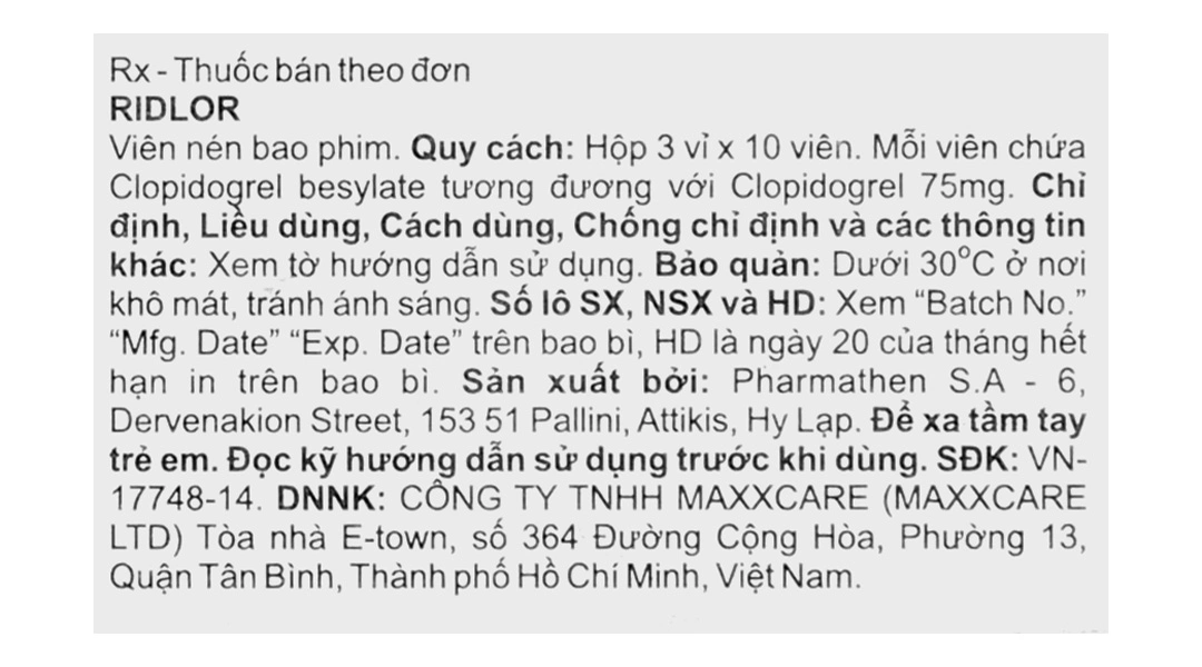 Ridlor 75mg thuốc trị rối loạn nghẽn mạch máu (3 vỉ x 10 viên) - 3
