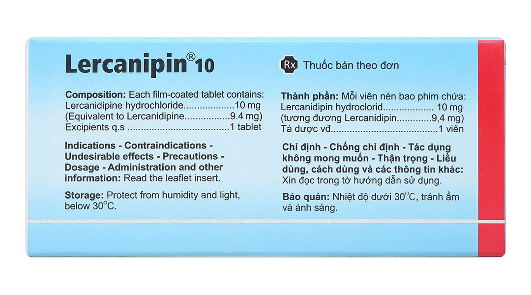 Lercanipin 10mg trị tăng huyết áp đơn liều hoặc phối hợp (3 vỉ x 10 viên) - 1