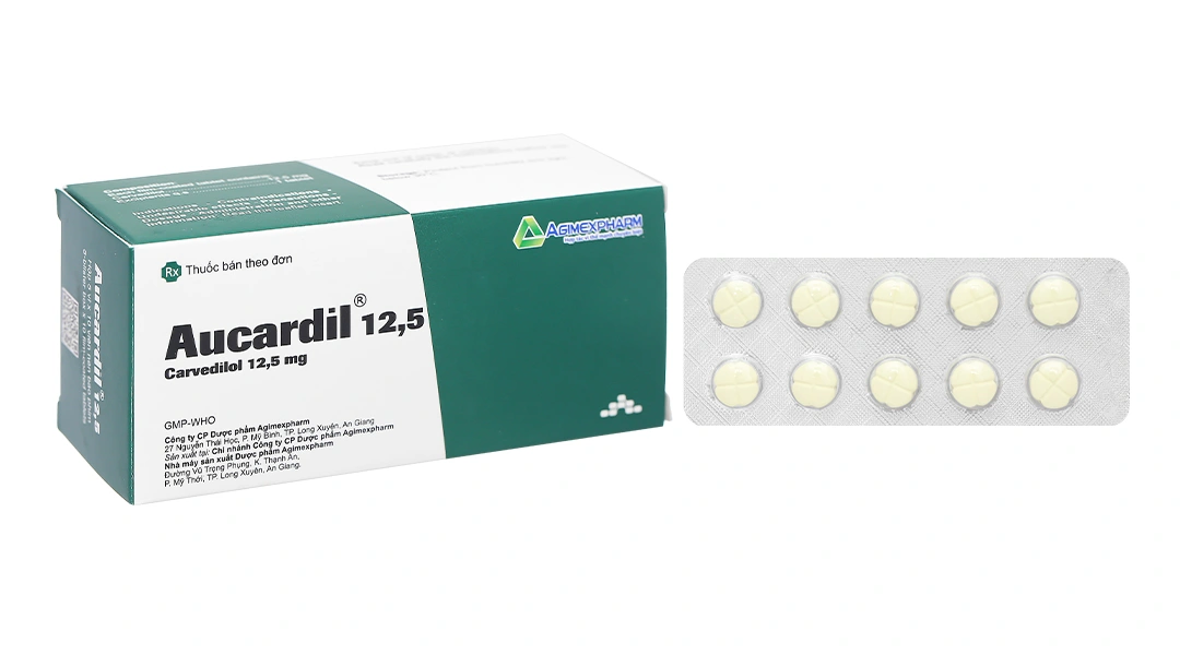 Aucardil 12.5mg điều trị tăng huyết áp, đau thắt ngực ổn định (5 vỉ x 10 viên) - 