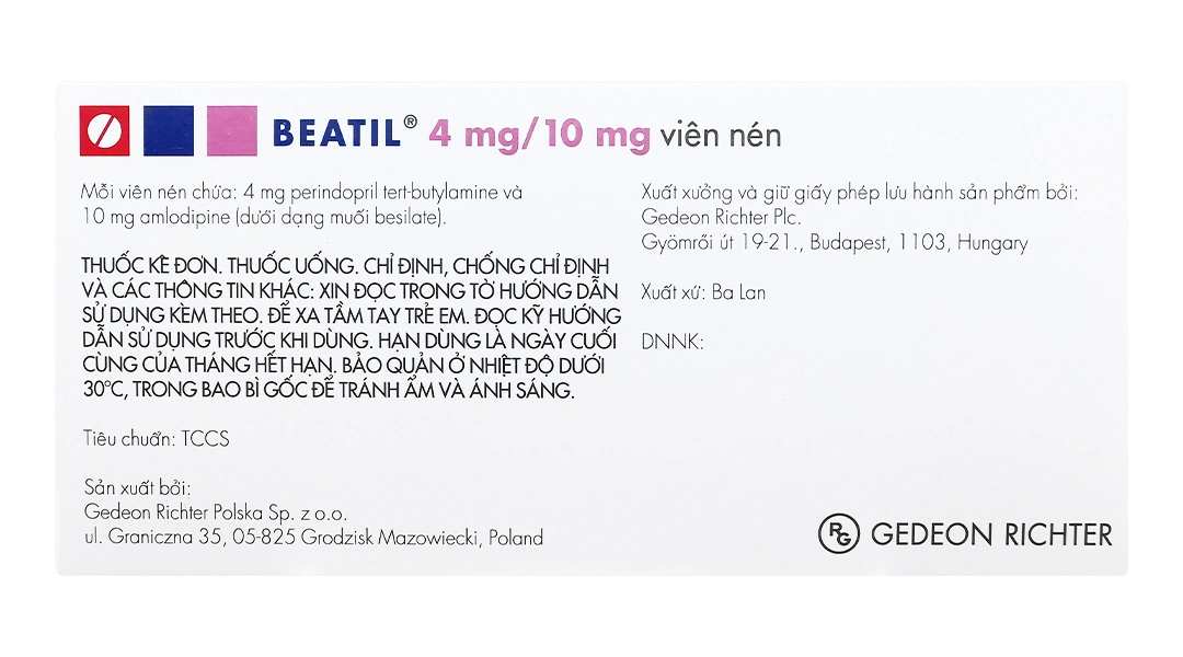 Beatil 4mg/10mg trị tăng huyết áp vô căn, bệnh mạch vành ổn định (3 vỉ x 10 viên) - 1