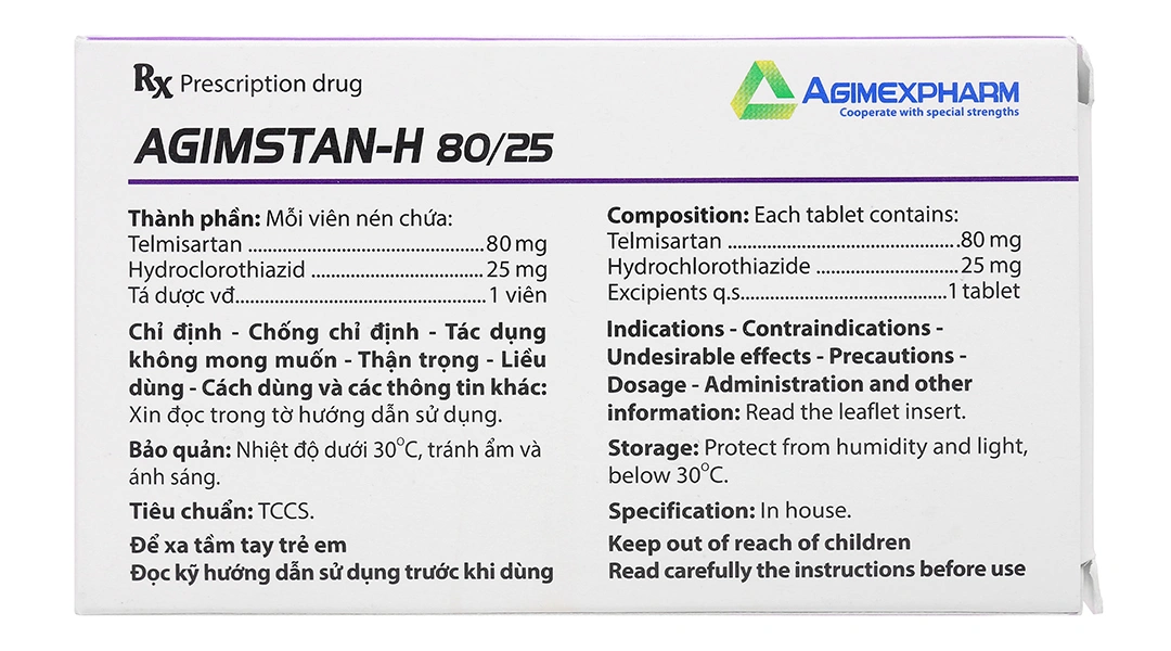 Agimstan-H 80/25 Agimexpharm trị tăng huyết áp vô căn (4 vỉ x 7 viên) - 1