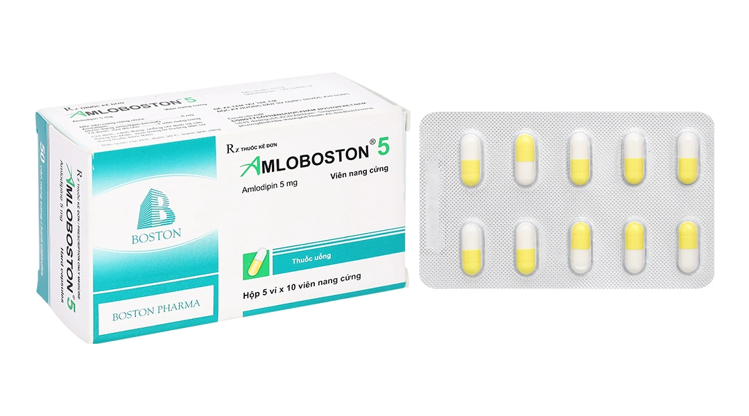 Amloboston 5 trị tăng huyết áp, đau thắt ngực (5 vỉ x 10 viên) - 