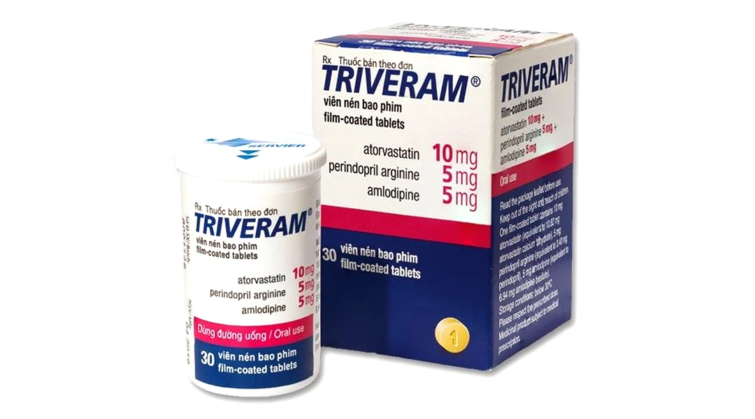 Triveram 10mg/5mg/5mg điều trị tăng huyết áp, bệnh mạch vành, tăng lipid máu lọ 30 viên - 
