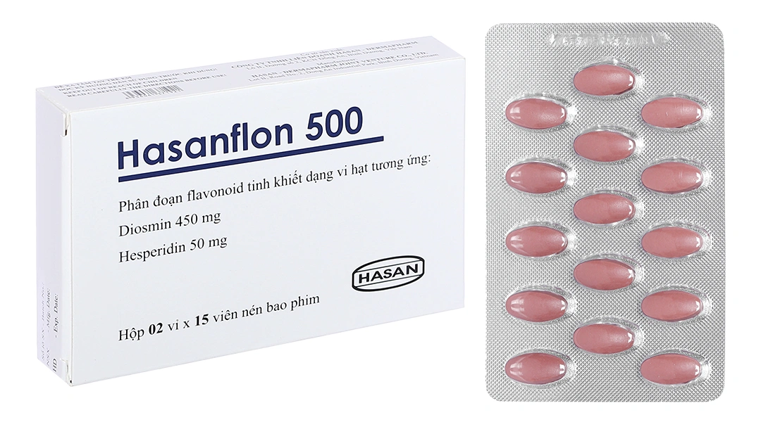 Hasanflon 500 trị triệu chứng suy giãn tĩnh mạch, trĩ (2 vỉ x 15 viên) - 