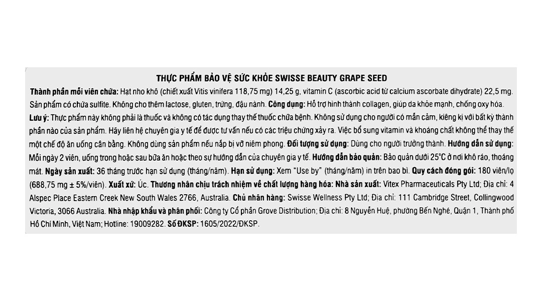Thực phẩm bảo vệ sức khỏe Swisse Beauty Grape Seed hộp 180 viên - 4