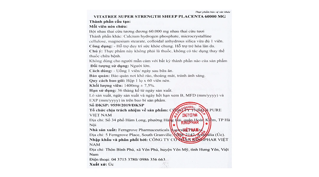 Thực phẩm bảo vệ sức khỏe Vitatree Sheep Placenta 60000Mg Hộp 60V - 4