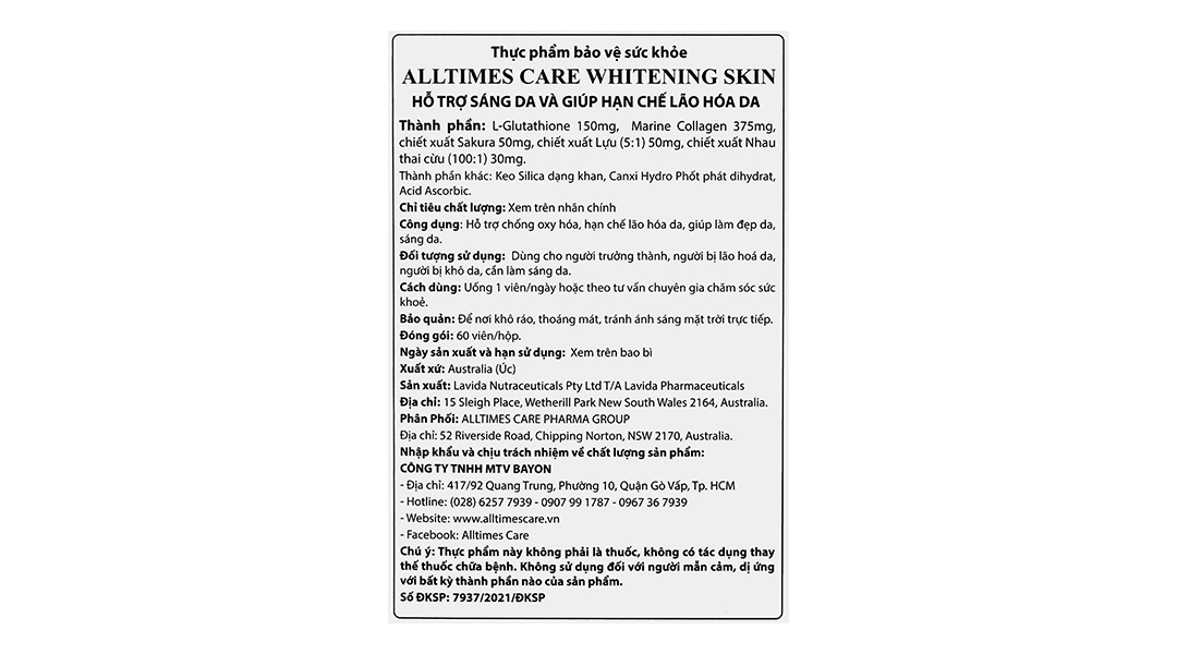 Thực Phẩm Bảo Vệ Sức Khoẻ Alltimes Care Whitening Skin hộp 60 viên - 4