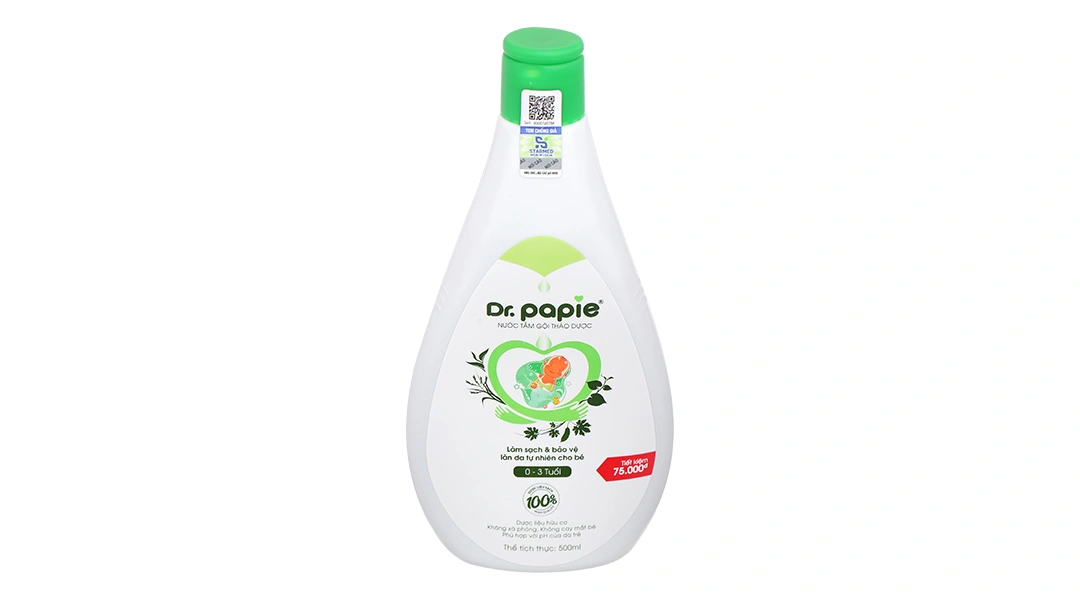 Nước tắm gội thảo dược Dr.Papie ngăn ngừa rôm sảy, mụn nhọt, nổi mề đay cho bé chai 500ml - 
