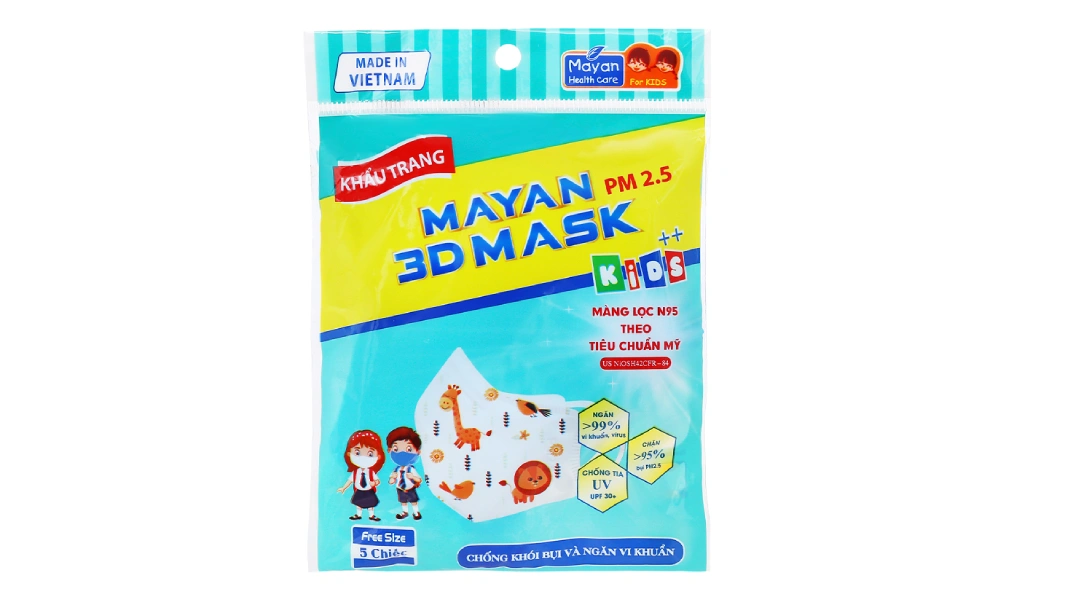 Khẩu trang y tế trẻ em Mayan 3D PM 2.5 màu xanh gói 5 cái - 