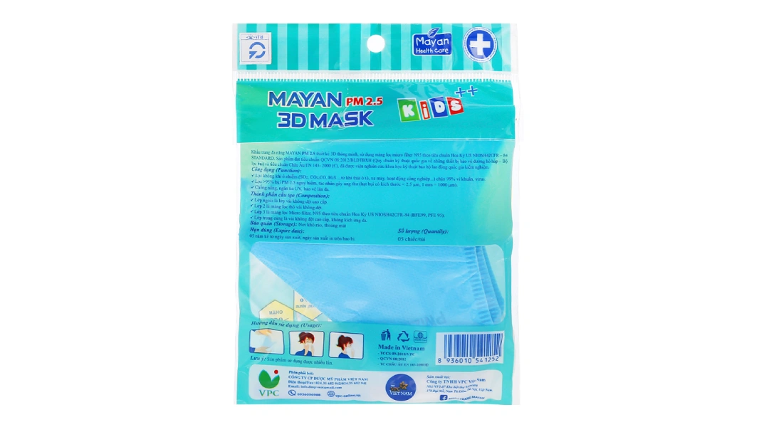 Khẩu trang y tế trẻ em Mayan 3D PM 2.5 màu xanh gói 5 cái - 1