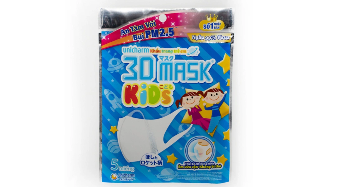 Khẩu trang trẻ em Unicharm 3D Mask Kids màu trắng gói 5 cái - 
