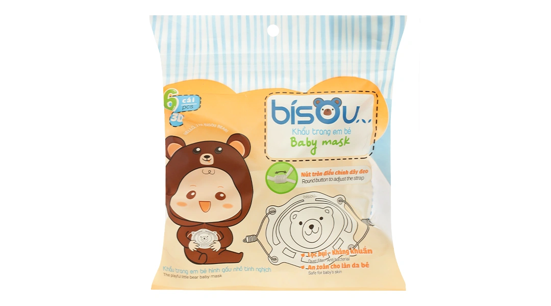 Khẩu trang y tế trẻ em Bísou Baby mask họa tiết gấu gói 6 cái - 