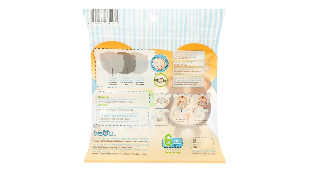Khẩu trang y tế trẻ em Bísou Baby mask họa tiết gấu gói 6 cái - 1