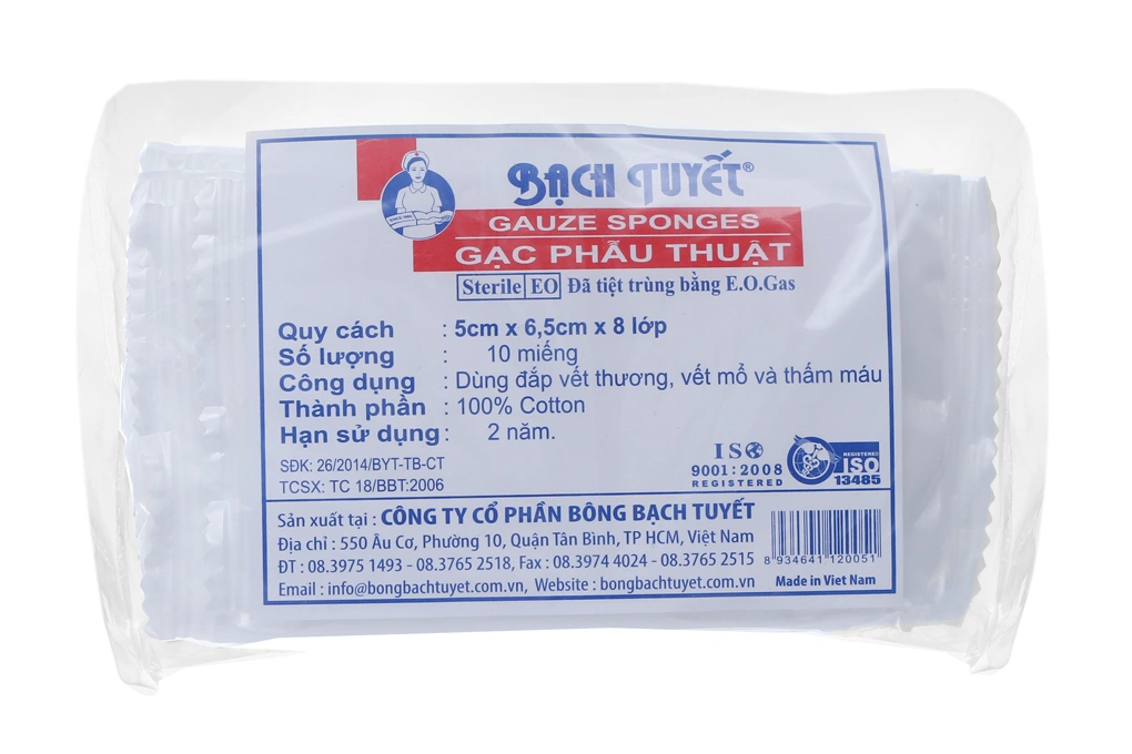 Gạc phẫu thuật Bạch Tuyết (5cm x 6.5cm x 8 lớp) gói 10 miếng - 
