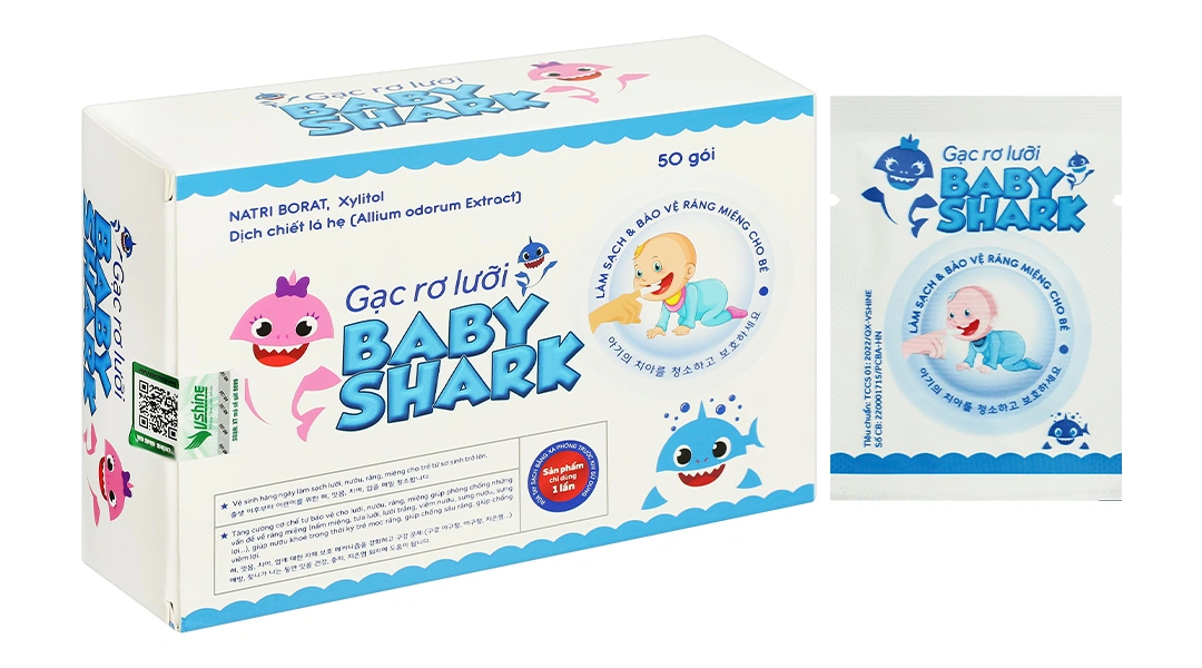 Gạc rơ lưỡi Baby Shark giúp sạch lưỡi, nướu, răng hộp 50 miếng - 
