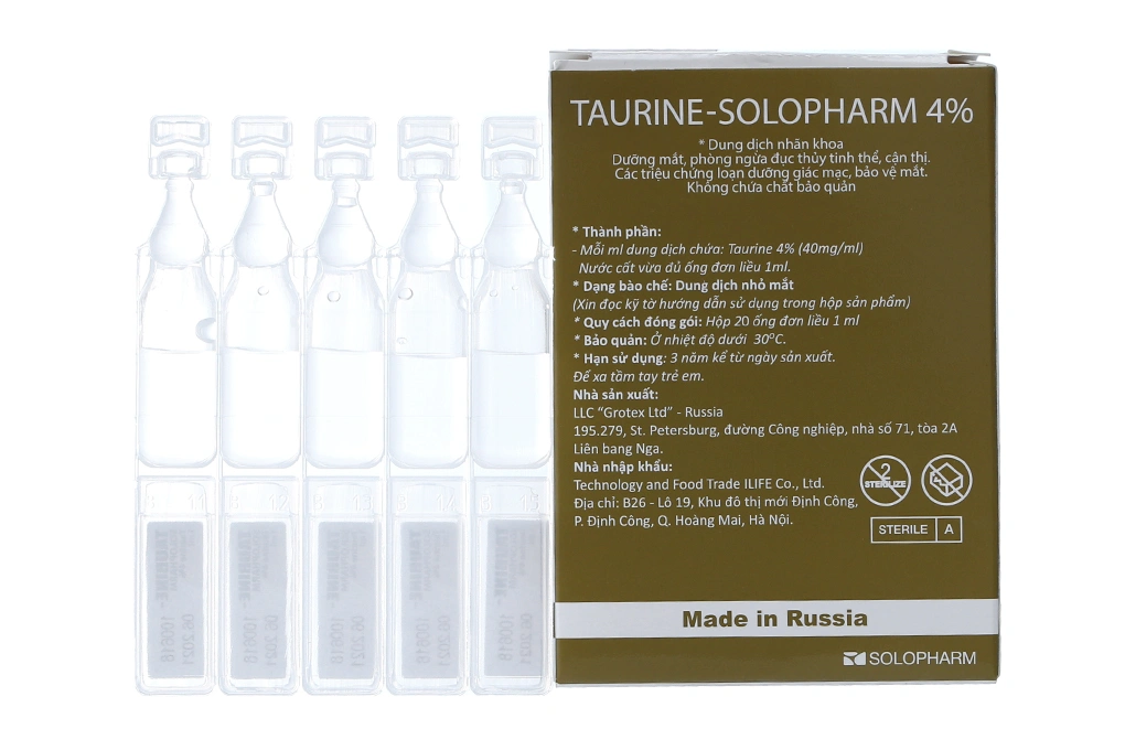 Dung dịch nhỏ mắt Taurine Solopharm 4% trị loạn đường giác mạc (20 ống x 1ml) - 1