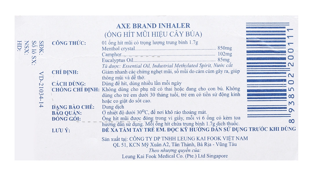 Ống hít Axe Brand Inhaler giảm nghẹt mũi, thông mũi vỉ 6 ống - 1