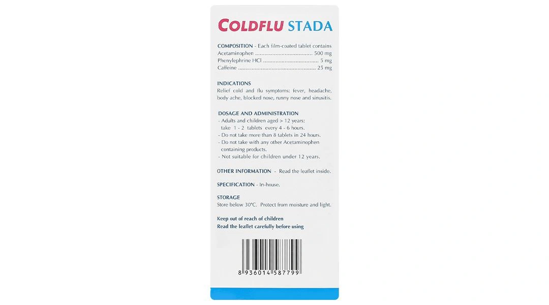 Coldflu Stada trị các triệu chứng cảm cúm: sốt, đau và xung huyết mũi (25 vỉ x 4 viên) - 1