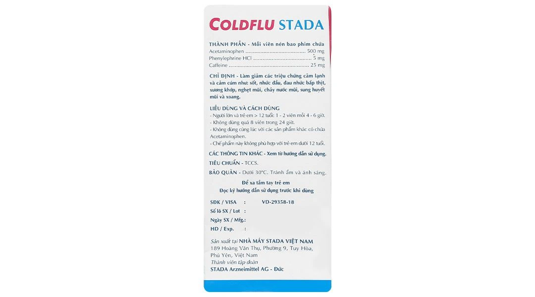 Coldflu Stada trị các triệu chứng cảm cúm: sốt, đau và xung huyết mũi (25 vỉ x 4 viên) - 2