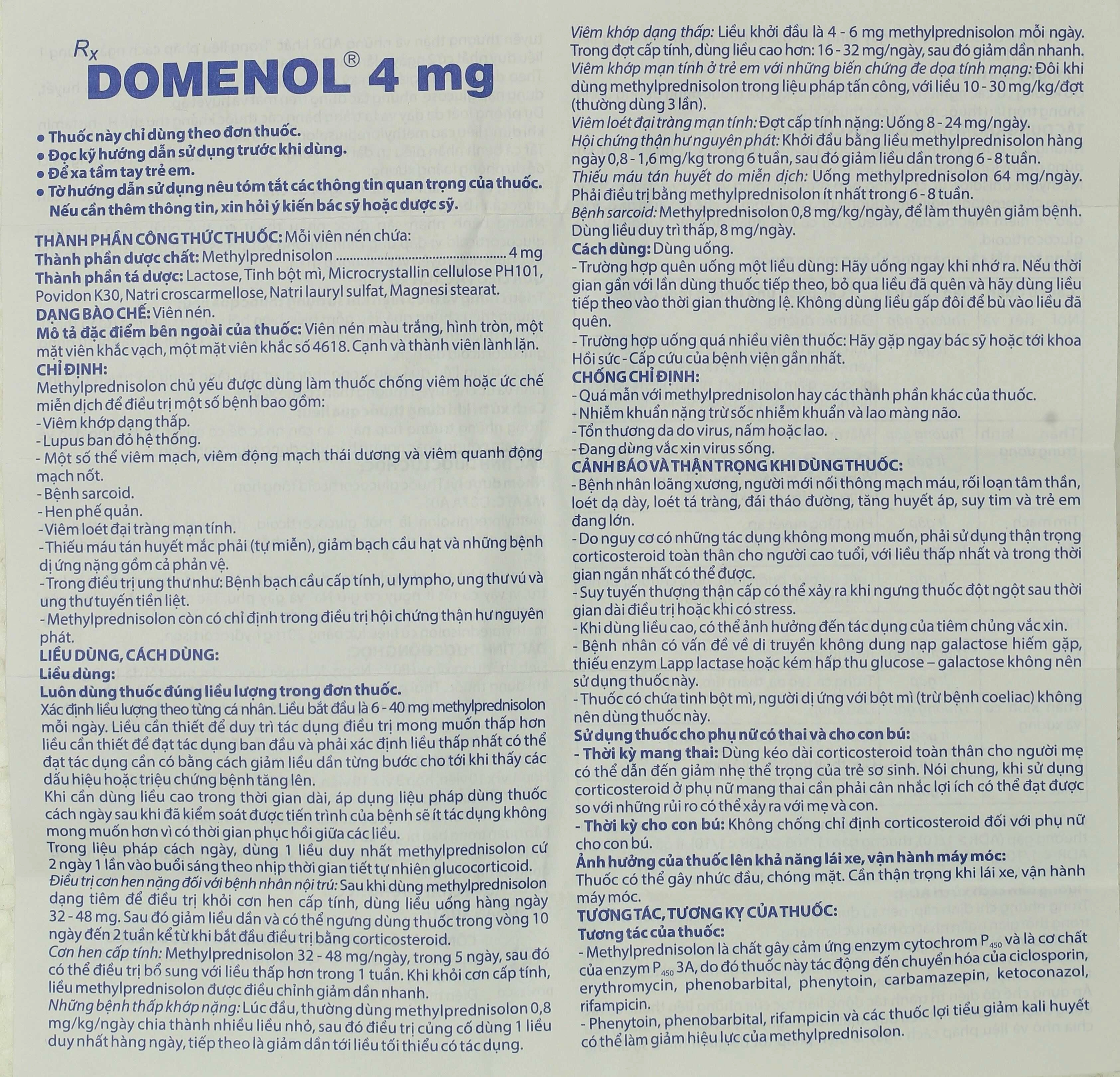 Domenol 4mg kháng viêm, điều trị viêm khớp dạng thấp, lupus ban đỏ (3 vỉ x 10 viên) - 8