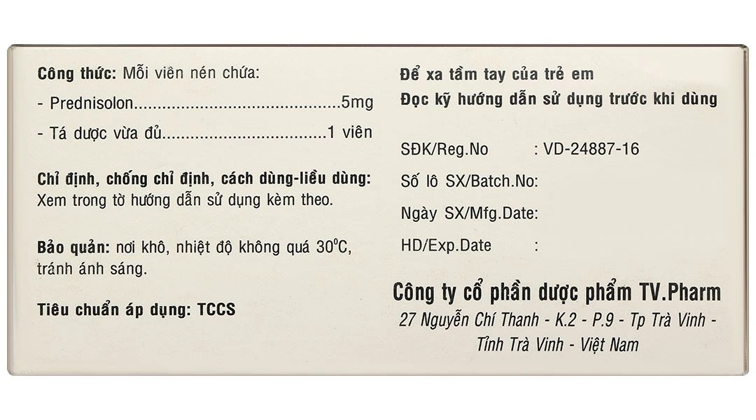 Prednisolone 5mg TV.Pharm chống viêm và ức chế miễn dịch (10 vỉ x 20 viên) - 3