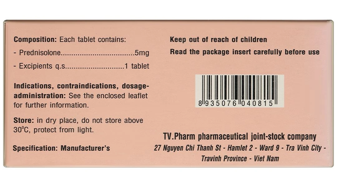 Prednisolone 5mg TV.Pharm chống viêm và ức chế miễn dịch (10 vỉ x 20 viên) - 4