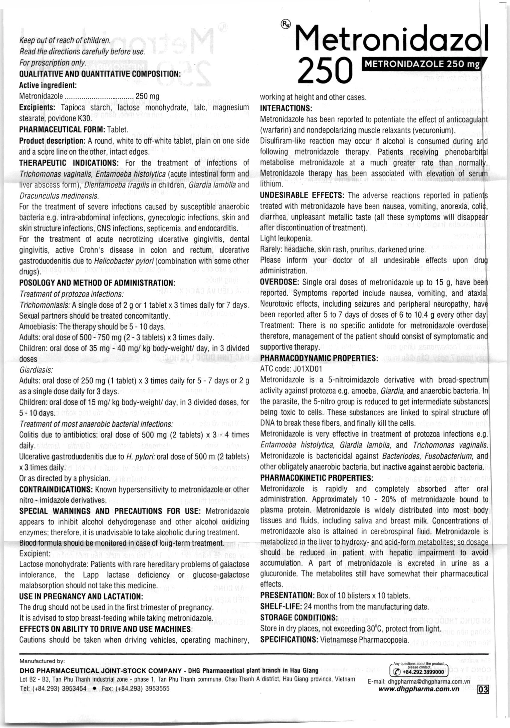 Metronidazol DHG 250mg trị nhiễm khuẩn, ký sinh trùng (10 vỉ x 10 viên) - 5