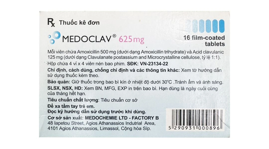 Medoclav 625mg trị các trường hợp nhiễm khuẩn (4 vỉ x 4 viên) - 1