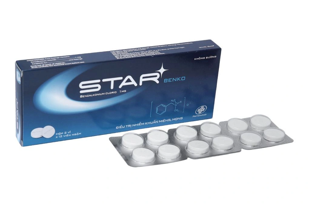 Viên ngậm Star Benko 1mg trị nhiễm khuẩn đường miệng, họng (2 vỉ x 12 viên) - 