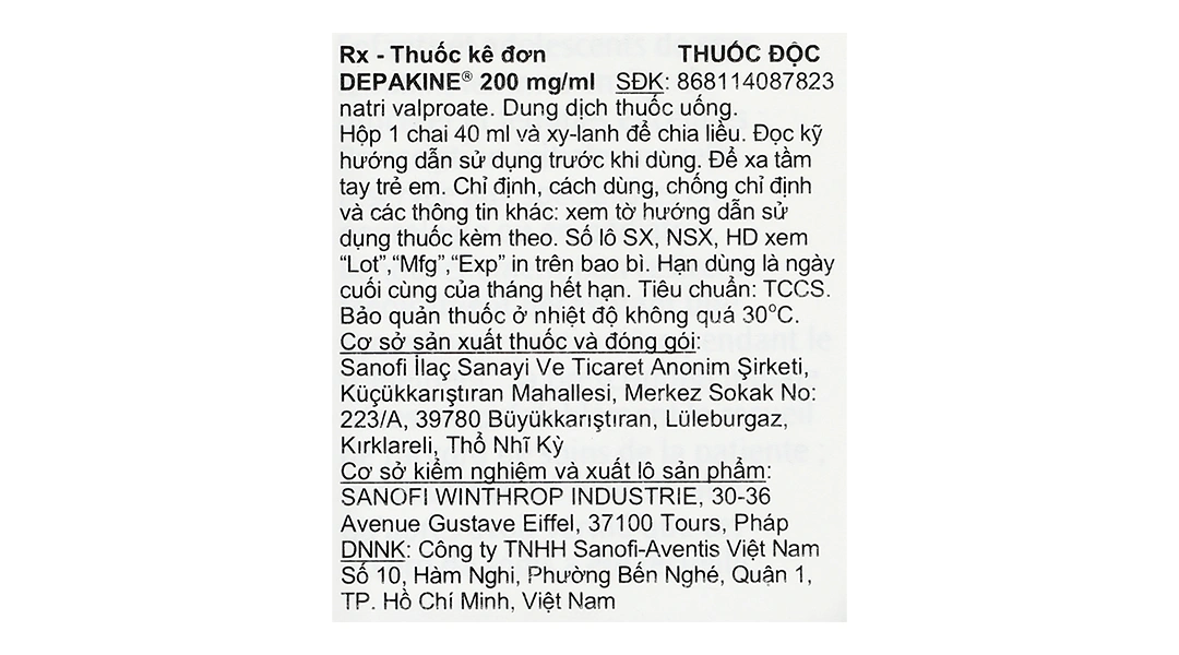 Dung dịch uống Depakine 200mg/ml điều trị các thể động kinh khác nhau chai 40ml - 5
