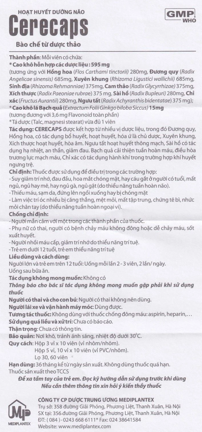 Cerecaps tuần hoàn máu não, cải thiện trí nhớ (3 vỉ x 10 viên) - 6
