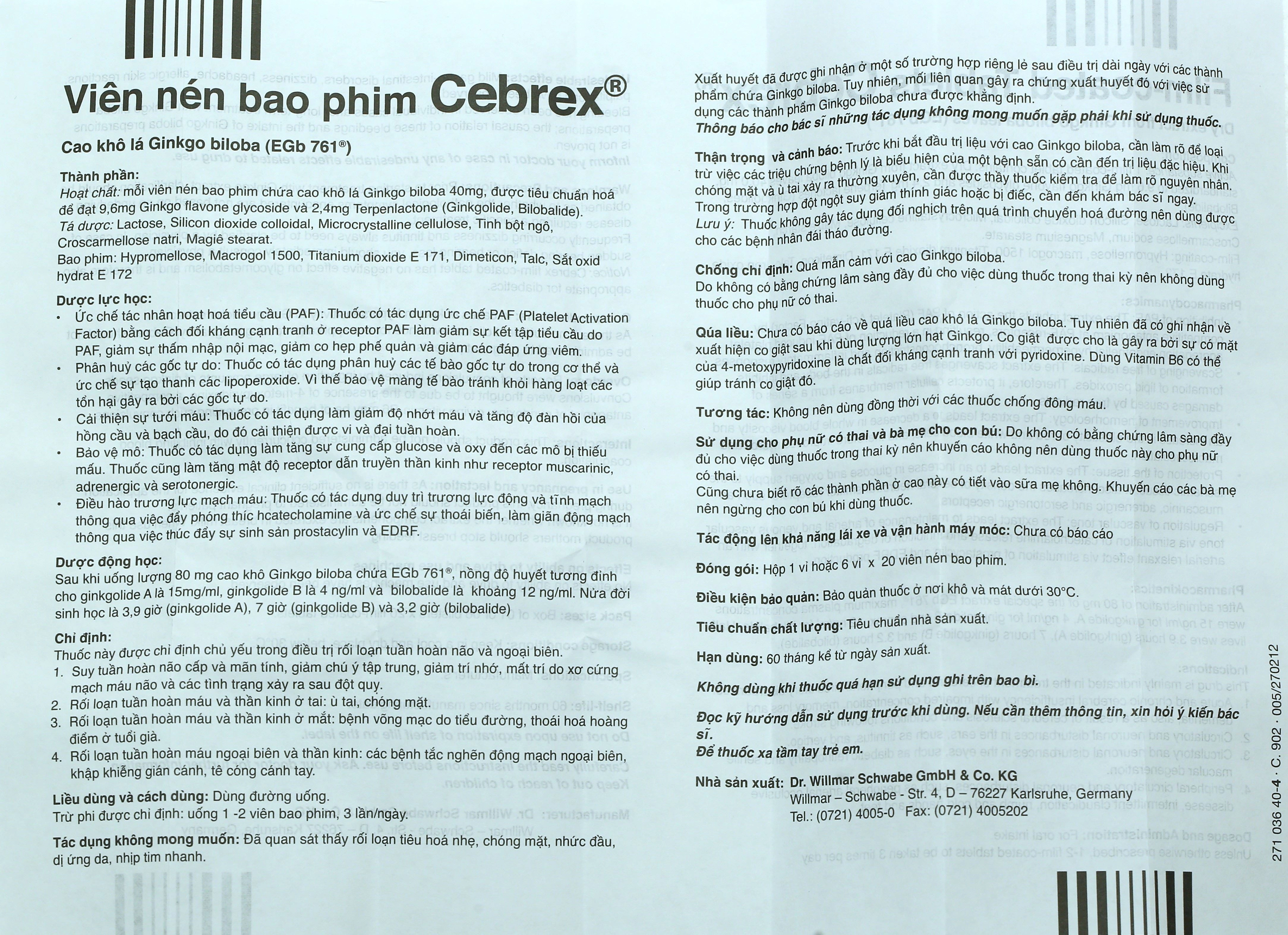 Cebrex 40mg điều trị rối loạn tuần hoàn não, tuần hoàn ngoại biên (6 vỉ x 20 viên) - 5