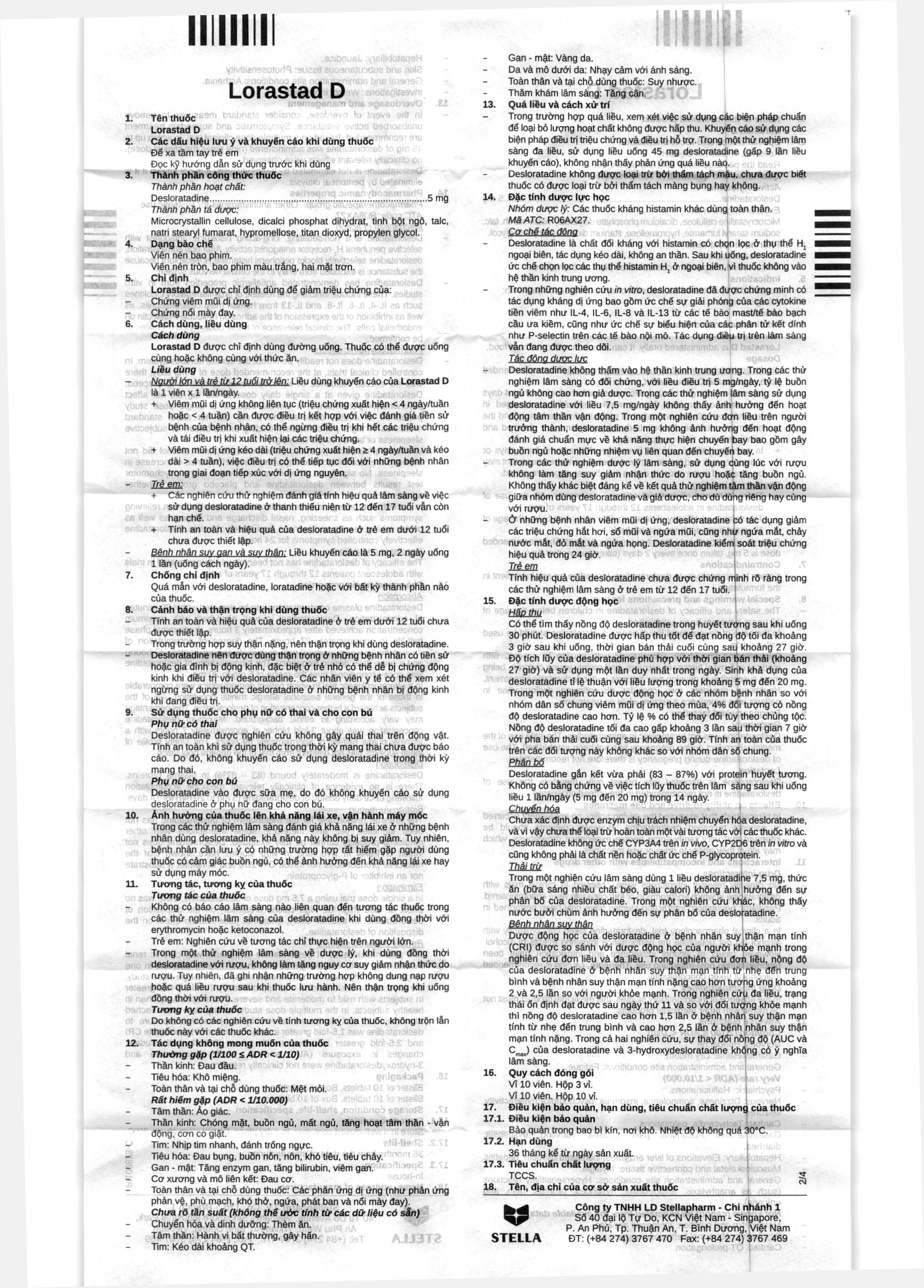 Lorastad D 5mg giảm triệu chứng viêm mũi dị ứng, mày đay (3 vỉ x 10 viên) - 5