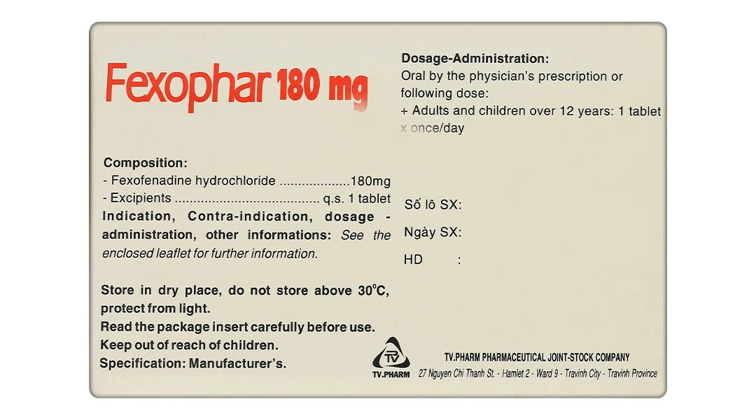 Fexophar 180mg trị viêm mũi dị ứng, mày đay, ngứa (10 vỉ x 10 viên) - 3